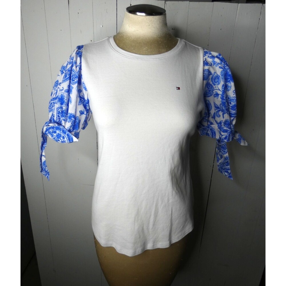 Tommy Hilfiger Women's S Blue & White Puff Sleeve Tie Top Knit Cotton Paisley
